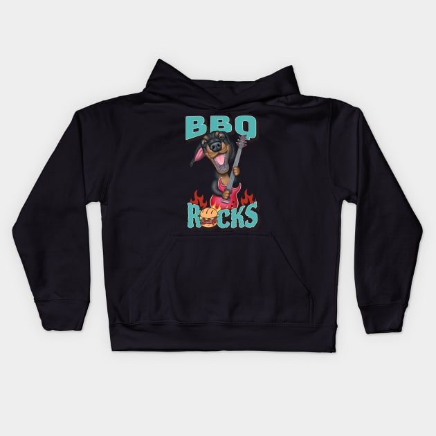 Cute Barbeque Rocks with dachshund doxie dog playing guitar tee Kids Hoodie by Danny Gordon Art